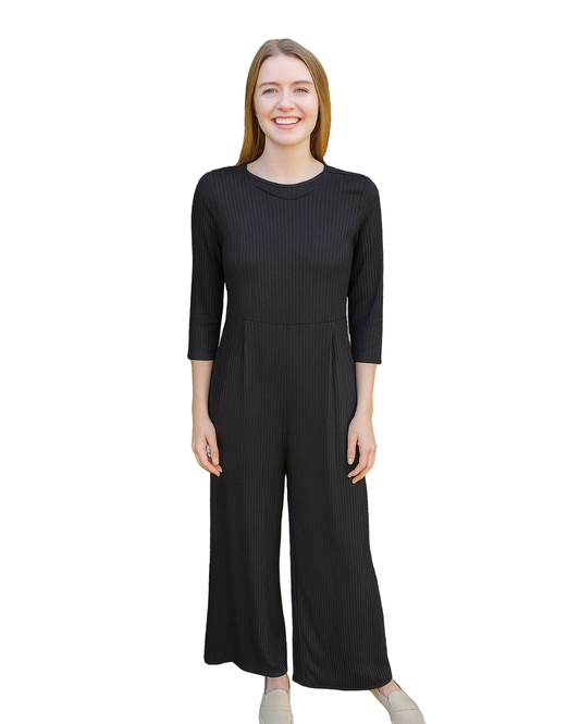 D'OCCASION – Combinaison côtelée noire à manches longues BERSHKA (Taille S)