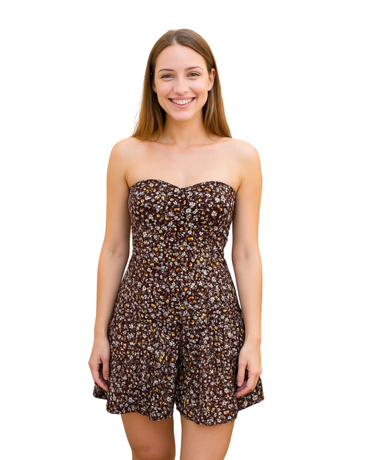 USADO – Vestido palabra de honor floral marrón de STRADIVARIUS (Talla M)