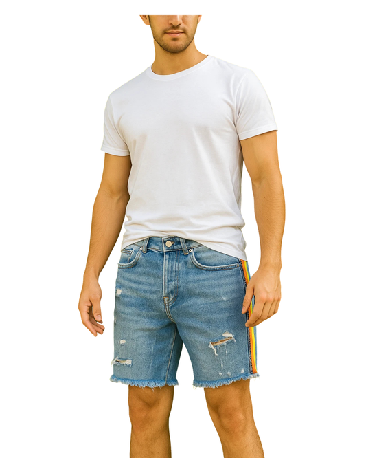 D'OCCASION – Short en jean bleu ZARA MAN avec bandes latérales et déchirures (Taille EUR 38 / USA-MEX 30)