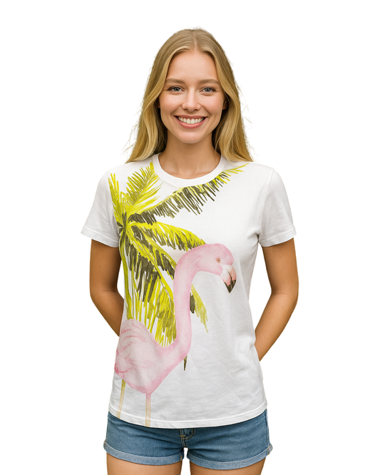 D'OCCASION – T-shirt blanc imprimé flamant rose et palmier STIK (Taille S)