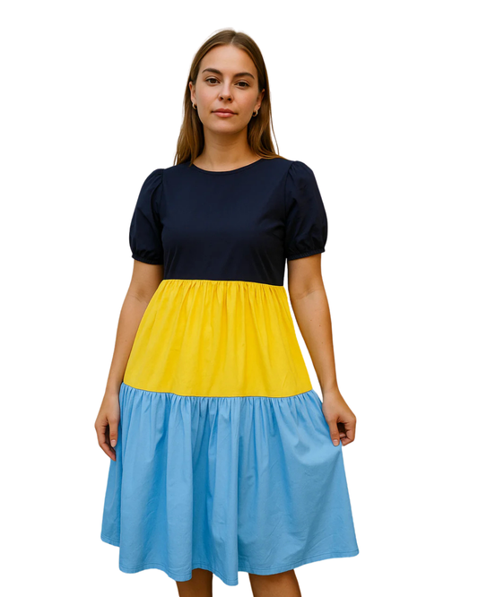 USADO – Vestido tricolor azul, amarillo y negro de VALENTINA (Talla XS)