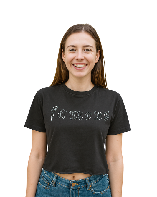 D'OCCASION - Crop top noir avec inscription en strass « Famous » Bershka (Taille S)