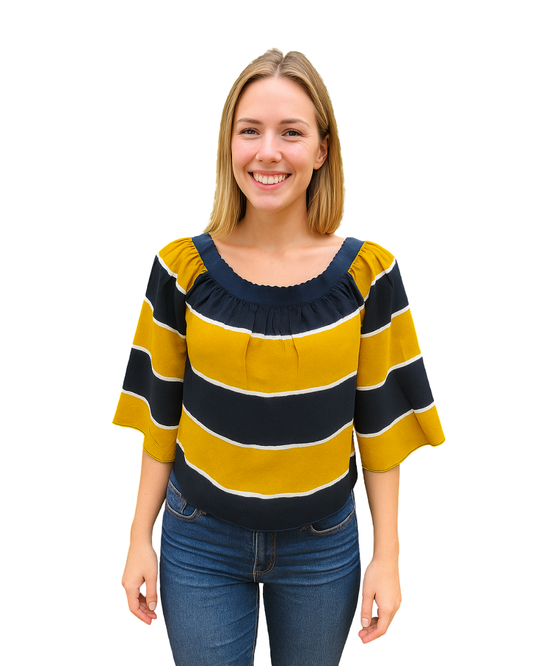 D'OCCASION - Haut rayé moutarde et bleu Zara Basic Collection (Taille M)