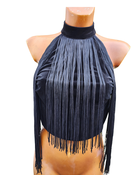 NUEVO - Top negro de terciopelo con flecos Bershka Special Edition (Talla S)