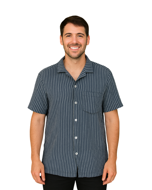 USADO – Camisa de rayas azul marino y blancas LEFTIESMAN Relaxed Fit (Talla M)