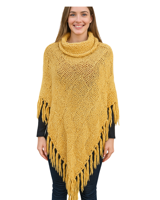 USADO – Poncho de punto mostaza con cuello vuelto y flecos (Talla única)