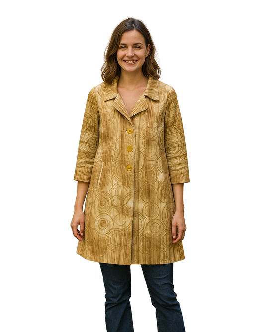 USADO – Abrigo estampado geométrico en tonos beige y marrón vintage (Talla no indicada, estimada M/L)