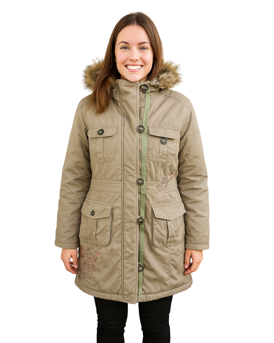 USADO – Parka larga beige con capucha de pelo sintético Caballero Dorado (Talla M)