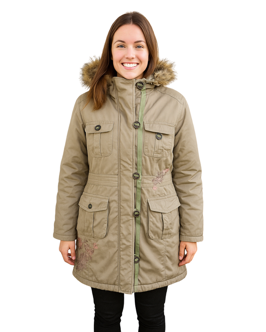 USADO – Parka larga beige con capucha de pelo sintético Caballero Dorado (Talla M)