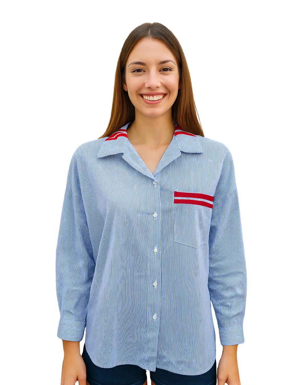 USADO – Camisa azul de rayas finas con detalle rojo ZARA BASIC (Talla EUR XS )