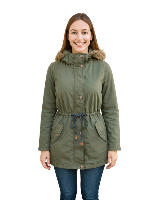 USADO – Parka verde con cordón ajustable y capucha con pelo Springfield (Talla 38)