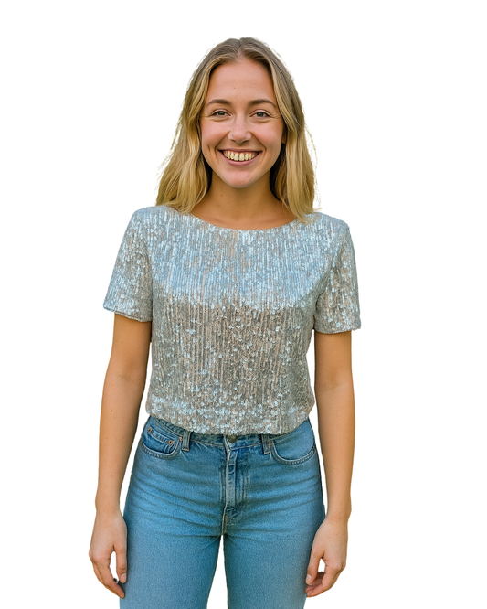 USADO – Top plateado de lentejuelas con espalda descubierta Bershka Special Edition (Talla S)