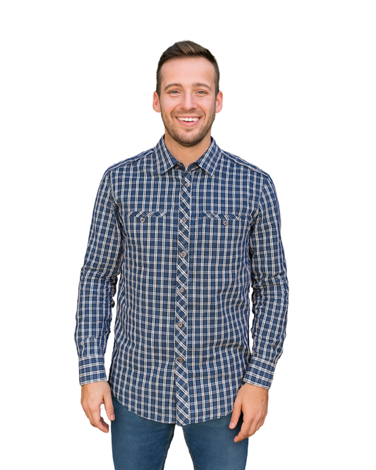 USADO – Camisa de cuadros azul marino y beige SFERA Urban (Talla S)