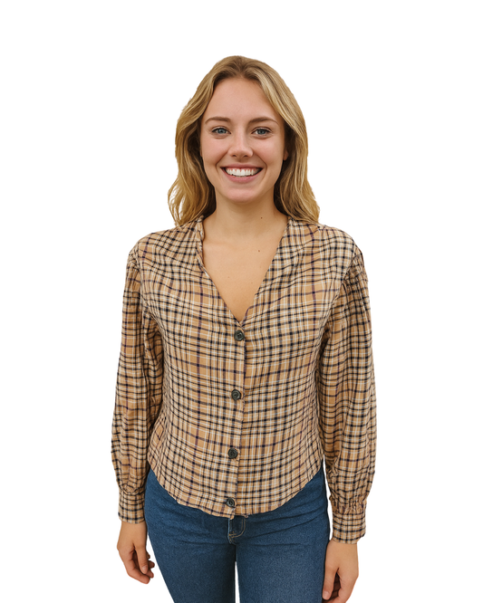 USADO – Blusa de cuadros marrón y burdeos Bershka (Talla S)