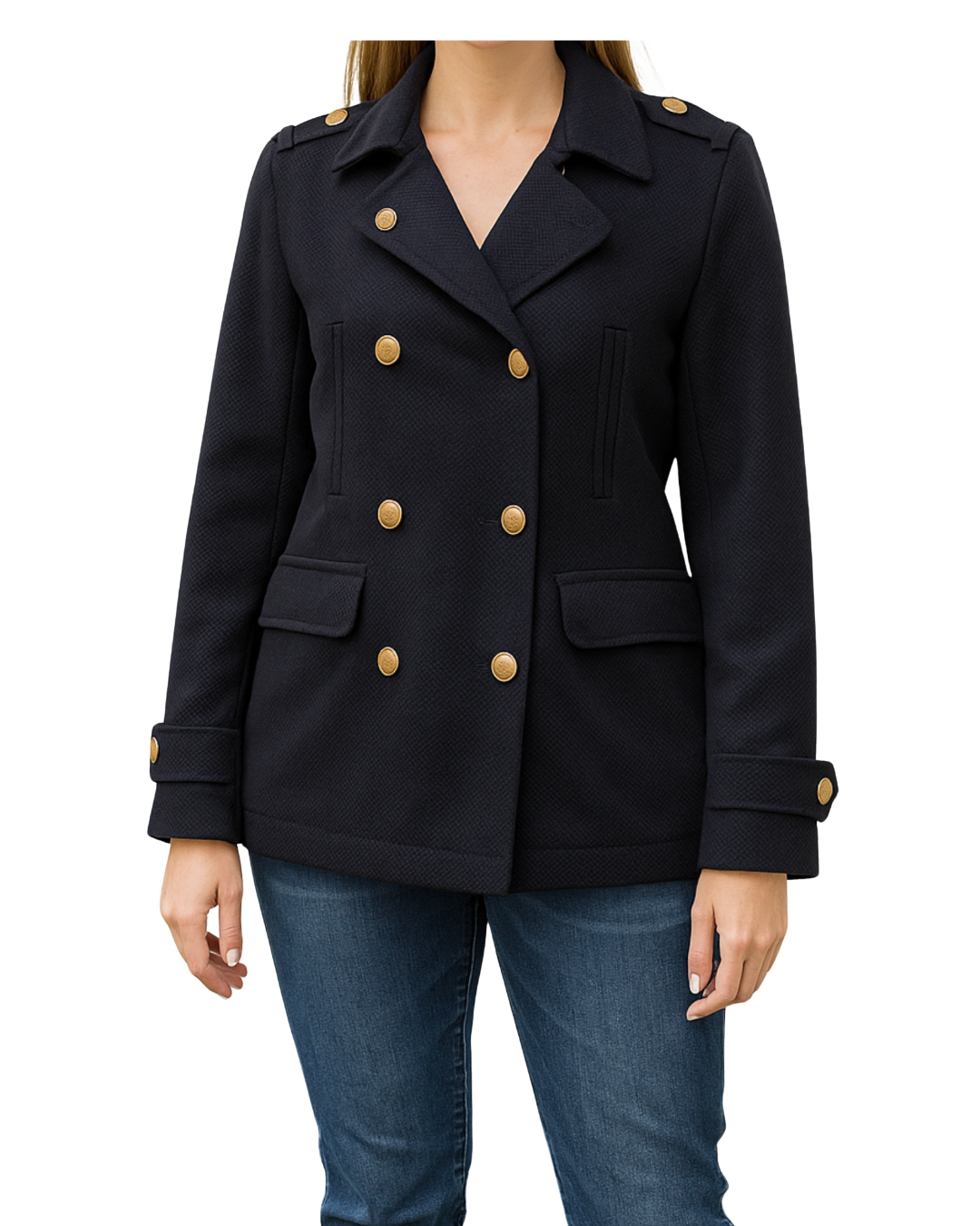 USADO – Abrigo negro estilo militar con botones dorados (Talla aproximada L)