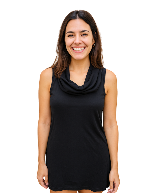 USADO – Vestido tipo túnica sin mangas negro con cuello drapeado BERSHKA (Talla S )