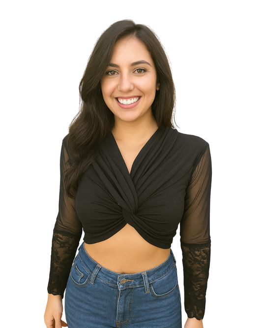 NUEVO – Top negro cruzado transparente con mangas de encaje Shirt Passion (Talla S)