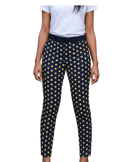 USADO – Pantalón slim de lunares amarillos sobre azul marino (Talla aproximada S)