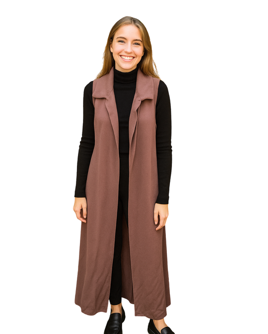 USADO – Chaleco largo de punto marrón sin mangas ZARA (Talla S)