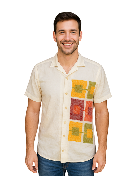 USADO – Camisa beige con estampado geométrico de colores ZARA (Talla S)
