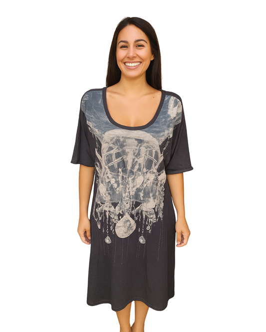 USADO – Vestido largo gris con estampado abstracto de pedrería Zara Basic Evening Collection (Talla M)