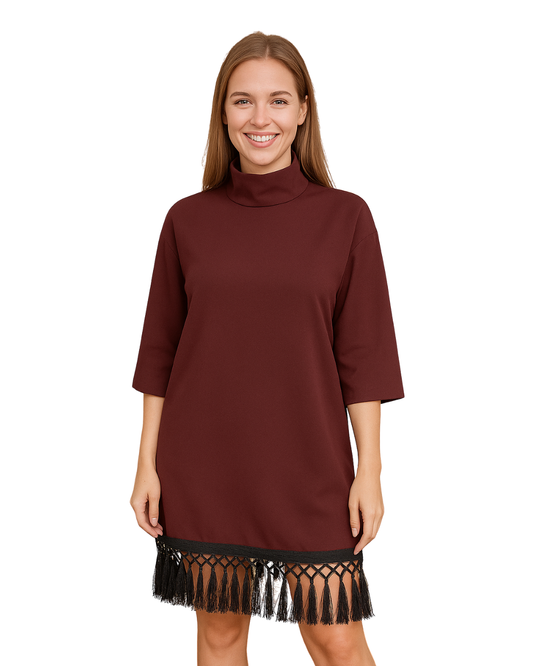 USADO – vestido burdeos de cuello alto con flecos negros ZARA Woman (Talla XS)