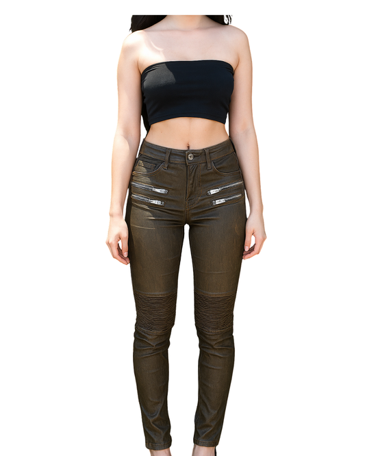 USADO – Pantalones tipo motero encerados color marrón ZARA Woman (Talla EUR 34)