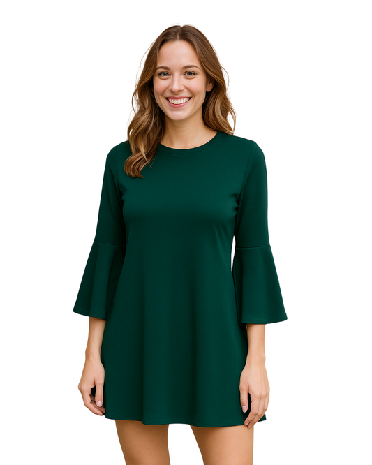 USADO – Vestido verde oscuro de manga acampanada Bershka (Talla S)