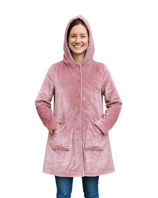 USADO – Abrigo rosa de terciopelo con capucha (Talla aproximada M)