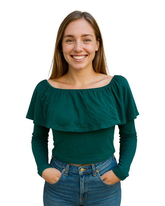 USADO – Top verde con volante Bardot de manga larga Bershka (Talla S)