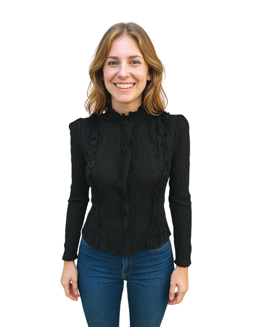 USADO – Blusa negra fruncida con volantes ZARA (Talla S)
