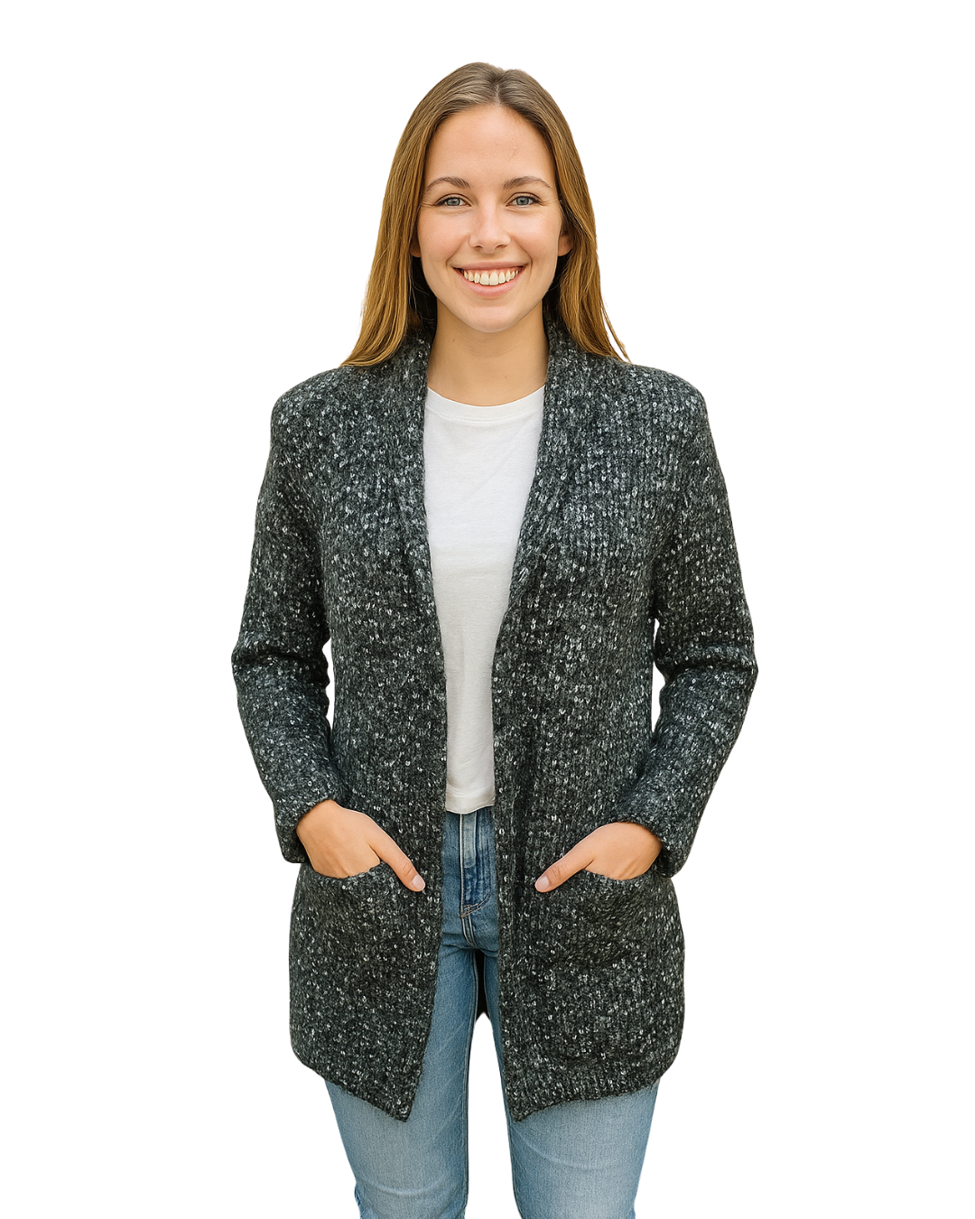 USADO – Cárdigan largo gris jaspeado de lana con bolsillos ZARA Woman (Talla S)