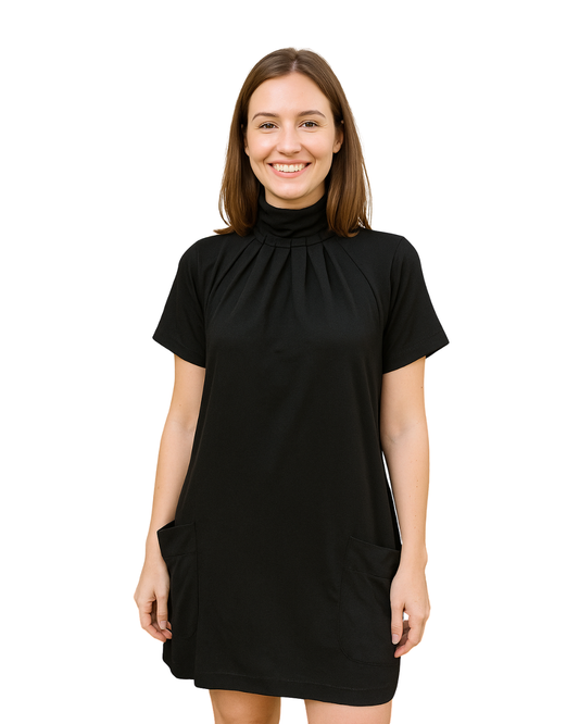 USADO – Vestido negro de cuello alto plisado ZARA (Talla S)