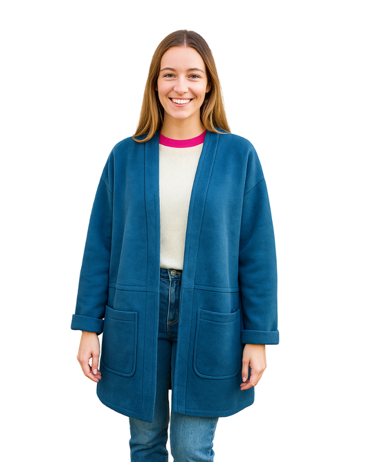 USADO – Abrigo largo azul con bolsillos frontales Chic & Pop (Talla no visible, aproximada M)