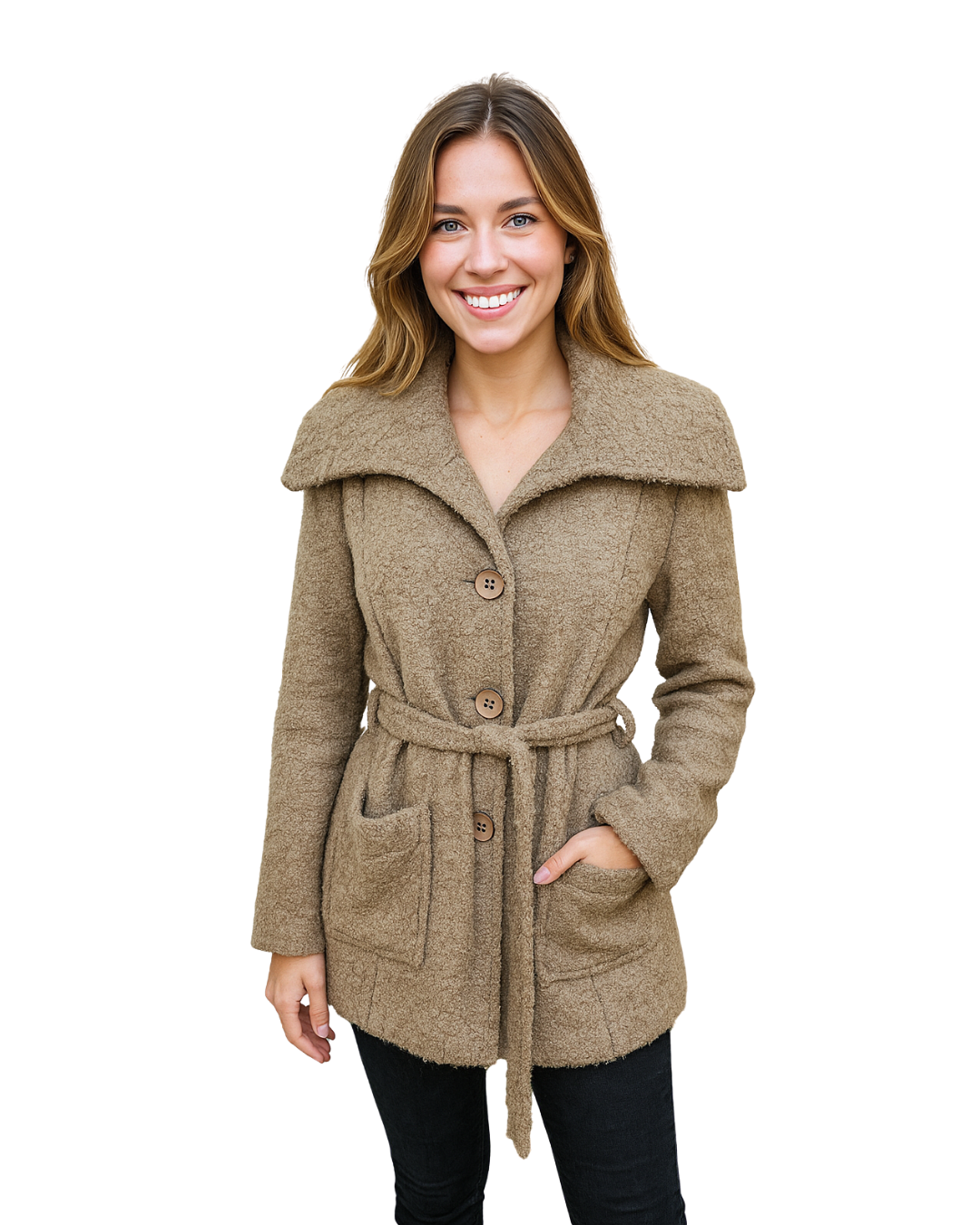 USADO – Abrigo beige con cinturón y bolsillos Aryck (Talla 46)