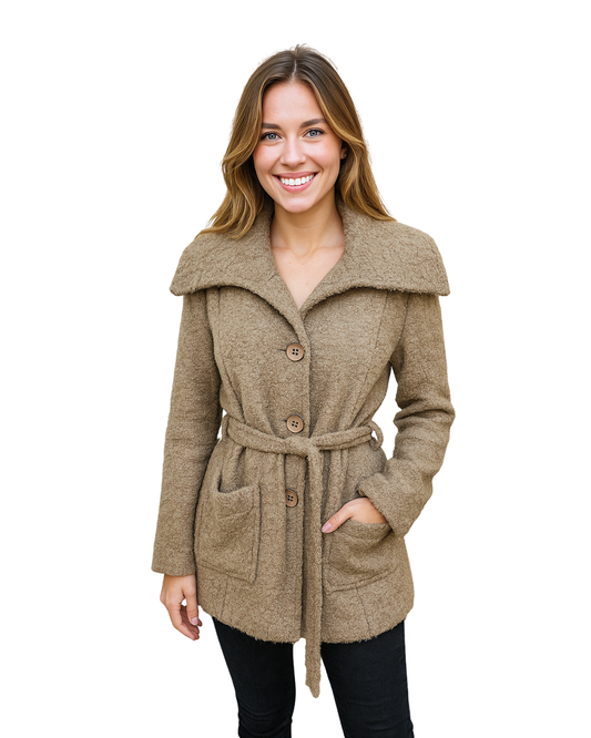 USADO – Abrigo beige con cinturón y bolsillos Aryck (Talla 46)