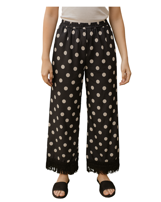 NUEVO  – Pantalón palazzo negro de lunares blancos con encaje R.s. mo Fashion Style (Talla 10)