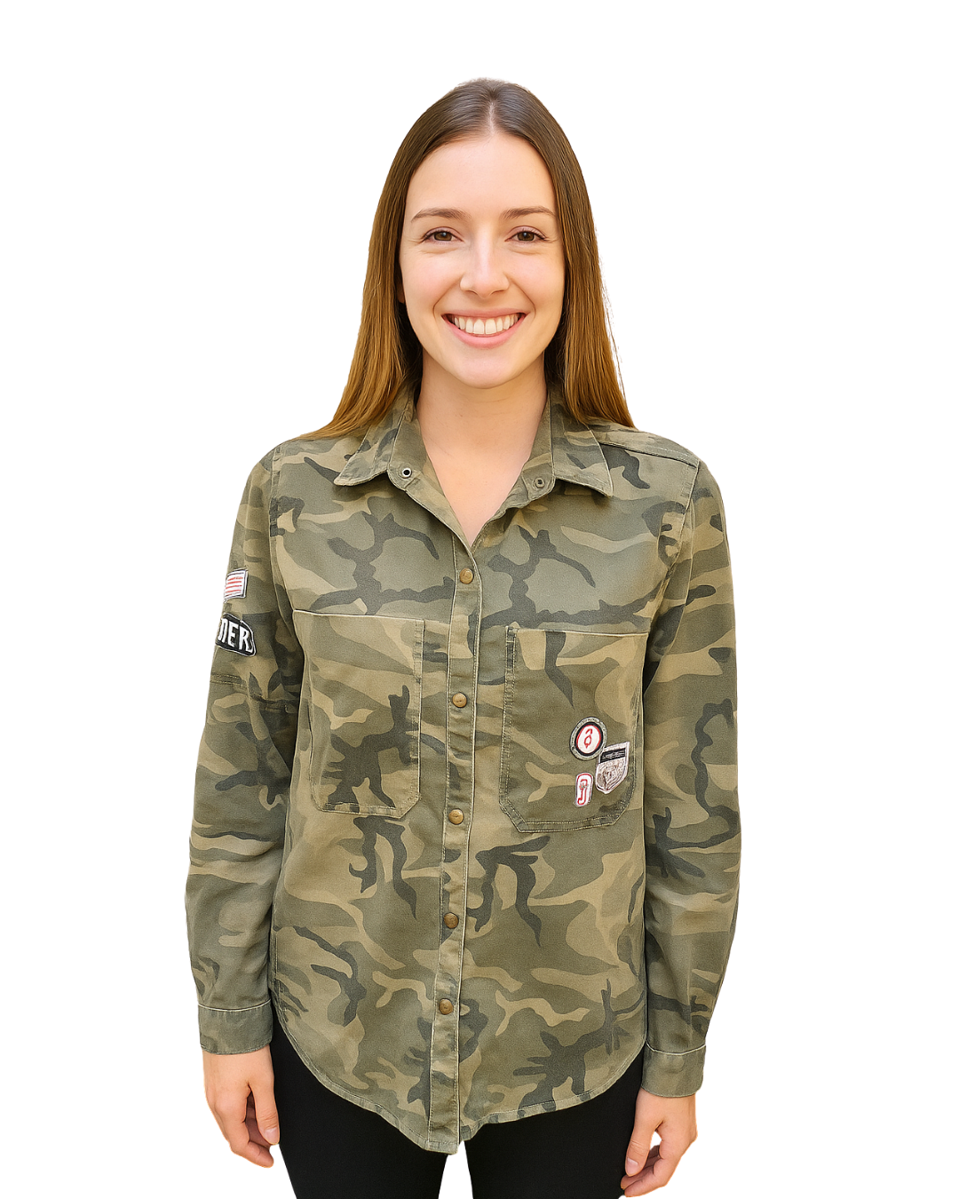 USADO – Camisa militar verde con parches Bershka-bsk Premium Garment (Talla S)