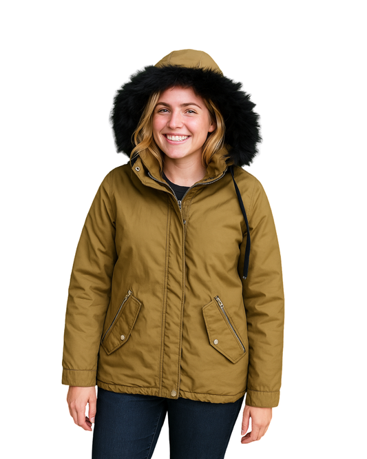 USADO – Abrigo acolchado caqui con capucha y pelo sintético Zara Trafaluc (Talla M)