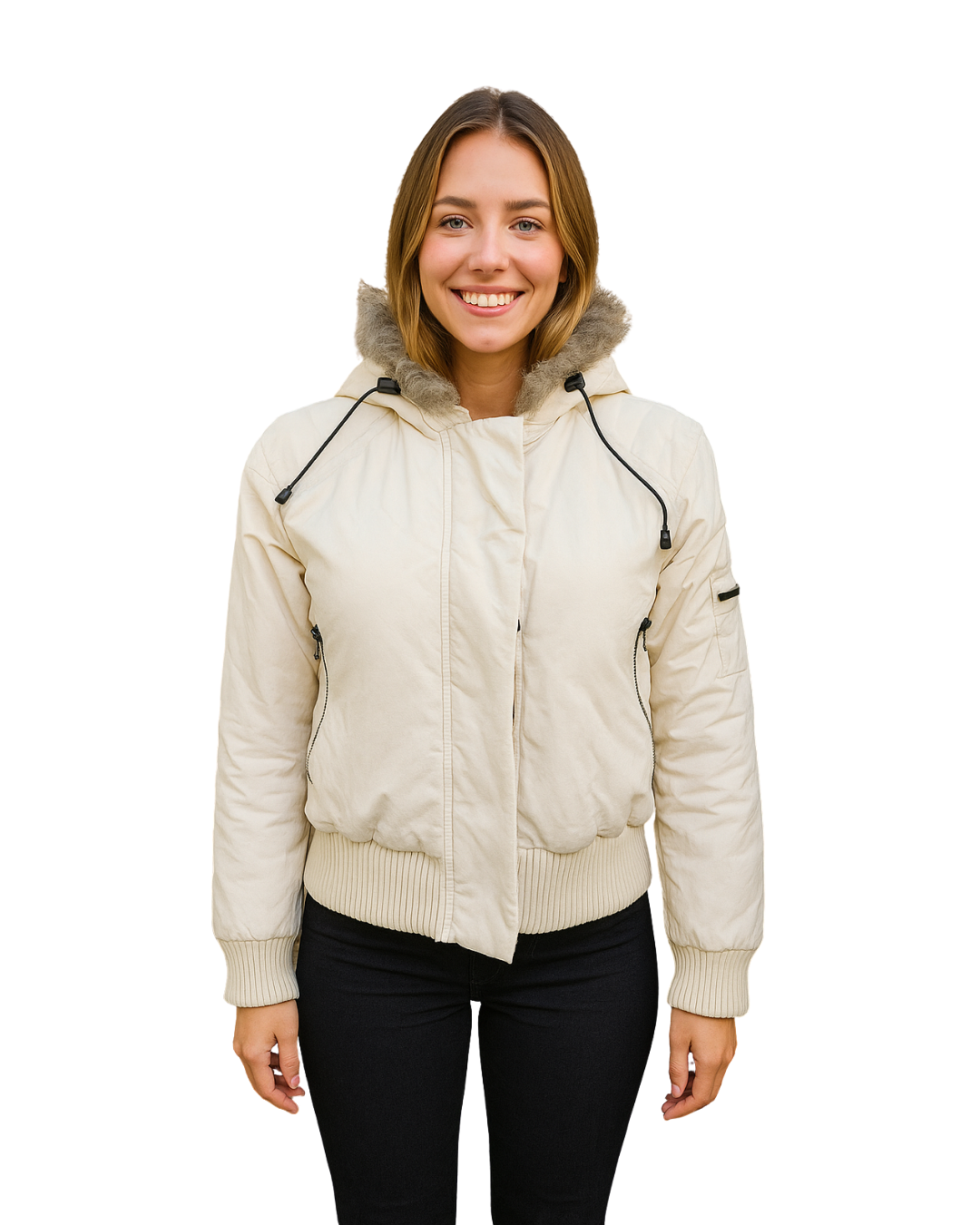 USADO – Cazadora acolchada blanca con capucha de pelo sintético KILLER LOOP (Talla XS)