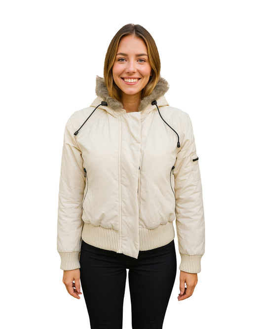 USADO – Cazadora acolchada blanca con capucha de pelo sintético KILLER LOOP (Talla XS)