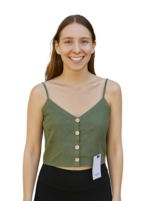 NUEVO– Top verde lino con botones frontales Stradivarius (Talla M)