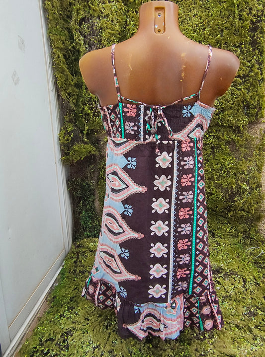 USADO-Vestido boho marrón con estampado floral multicolor (Talla M)