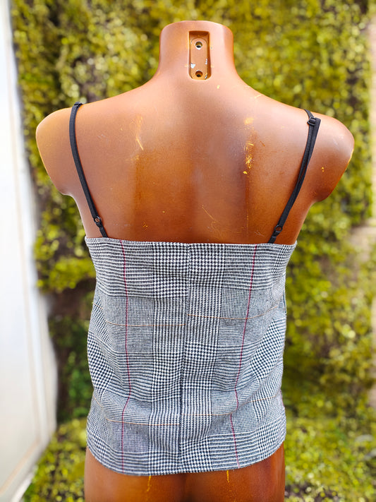 Camisole à imprimé Prince de Galles et dentelle d'occasion (taille S)