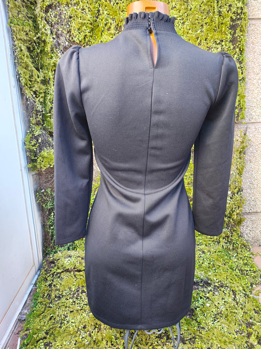 USADO - Vestido negro de manga larga con cuello fruncido MNG (Talla S)