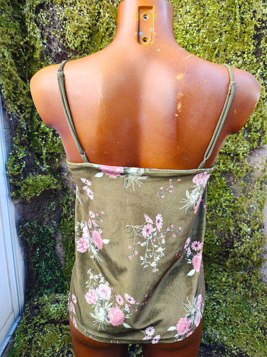 OCCASION - Débardeur vert à fleurs roses BASIC (Taille S)