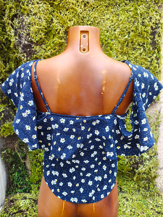 D'OCCASION - Haut bleu marine à fleurs blanches MNG Suit (Taille XS)