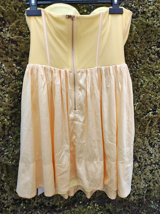 NUEVO– Vestido corsetero amarillo de satén estilo princesa RARTHEA (Talla S)
