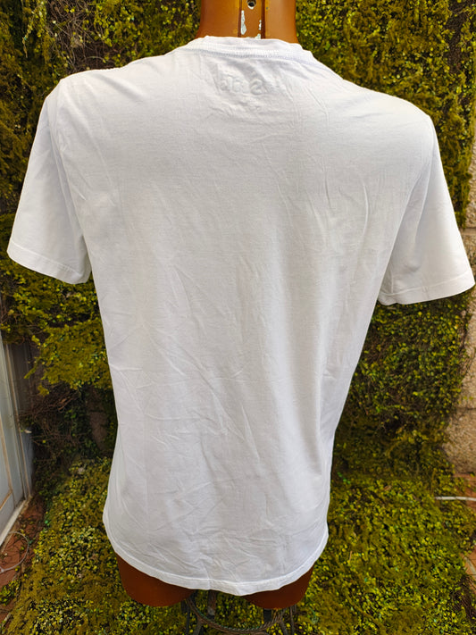 D'OCCASION – T-shirt blanc imprimé flamant rose et palmier STIK (Taille S)