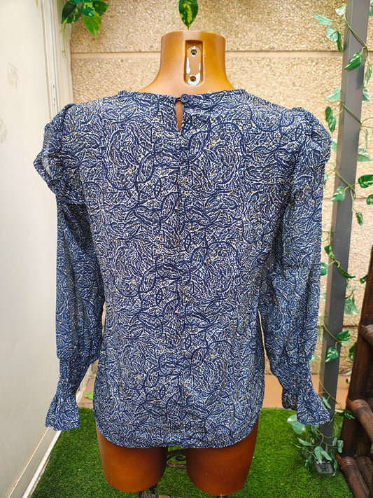 NOUVEAU – Chemisier à volants bleu marine à imprimé abstrait VALENTiNA (Taille S)